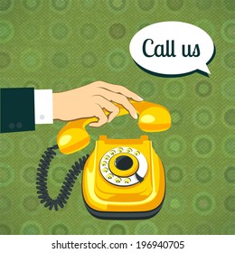 Male hand in suit holds classic old yellow telephone retro poster vector illustration