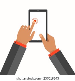 A male hand touches the screen