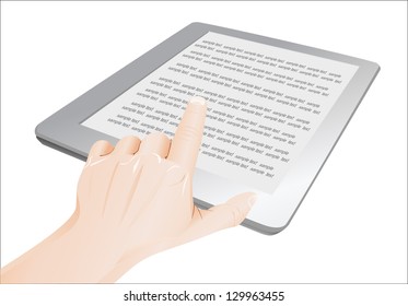 a male hand  a touchpad pc showing an E-Book, isolated on white
