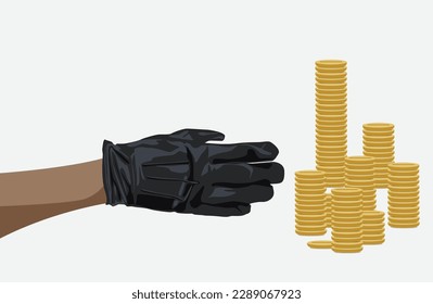 Male hand trying to reach a lot of gold coins isolated on white background