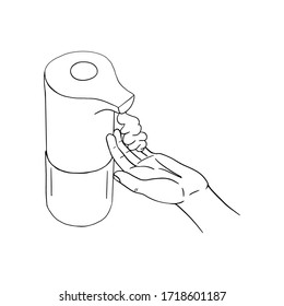 Male hand use modern automatic soap foam dispenser close up. Personal hygiene product prevention from virus bacteria. Vector template isolated flat doodle realistic black outline white background icon