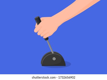 Male hand using mechanical level vector graphic illustration. Human arm pushing or pulling handle to switch equipment isolated on blue background. Mechanism of manual change speed, direction or stop