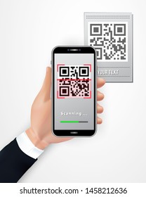 Male hand using smartphone to scan QR code price tag isolated on white background. Mobile phone with scanner app. Cashless payment technology. Design element for banner, retail, online shopping