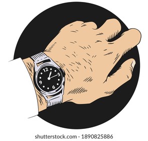 Male hand with watch. Vector. Stock illustration. 