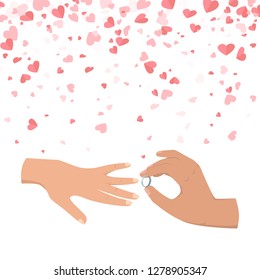 Male hand wearing ring to female. Wedding of people, symbol of engaged couples, making proposal. Postcard decorated by hearts, marriage in flat style vector