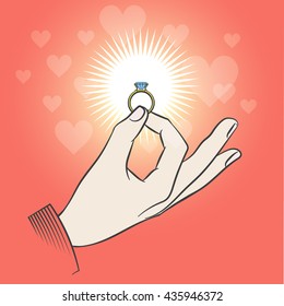 Male hand with wedding diamond ring. Marriage proposal vector illustration