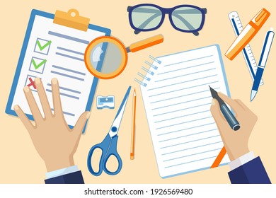 Male hand writing on paper document. Top view of workplace with male hands filling checklist on clipboard. Office workplace with workinng person flat vector illustration