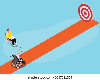Male handicapped archer on wheelchair ready to shoot target. isometric vector concept