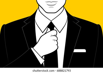 Male hands adjusting necktie