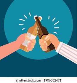 male hands with beer bottles alcohol celebration, cheers vector illustration