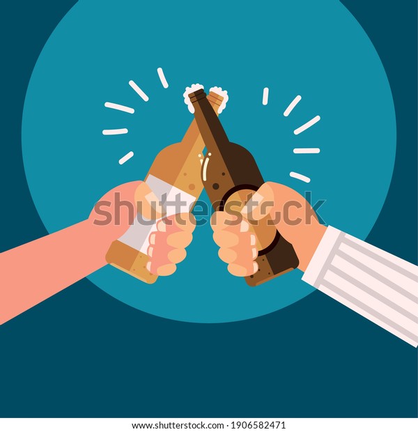 male hands with beer bottles alcohol\
celebration, cheers vector\
illustration