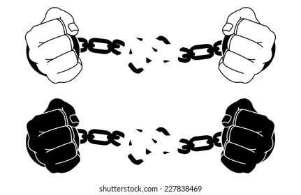 Male hands breaking steel handcuffs. Black and white vector illustration isolated on white