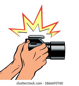 Male hands with a camera. Click and flash. The work of a photographer and a reporter. Vector isolated illustration in pop art style on white background.