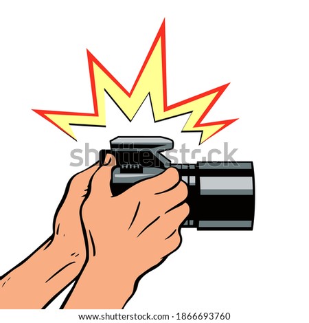 Male hands with a camera. Click and flash. The work of a photographer and a reporter. Vector isolated illustration in pop art style on white background.
