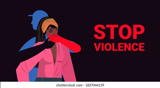 male hands closes mouth of scared terrified woman stop family violence and aggression concept horizontal portrait vector illustration
