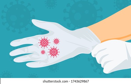 Male hands close-up. Wearing white surgical gloves. As a symbol of protection against viruses and bacteria. There are viral bacteria on the gloves. Flat design.