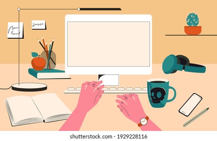 Male hands in front of a computer monitor. Student at his desk. First-person view. Flat vector illustration