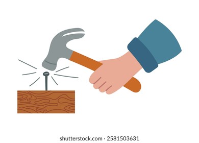 Male hands with hammer. Male hand hammering nails into wooden board. Vector illustration of manual labor, repair, mending. Construction and repair, tool shop design