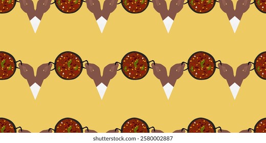 Male hands hold cast iron skillet filled Chili con carne Seamless Pattern. Mexican eating background