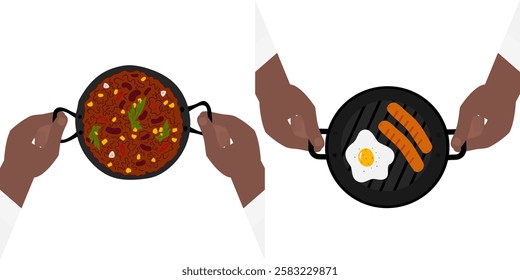 Male hands hold cast iron skillet with Chili con carne and Fried egg with grilled sausages. Set 2