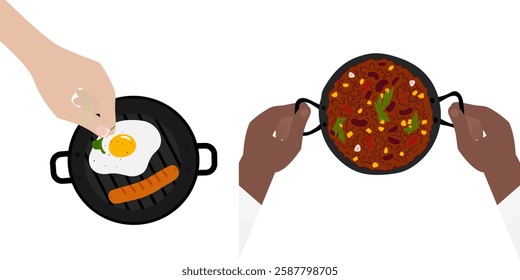 Male hands hold cast iron skillet with Chili con carne and Female hand greens decorate fry egg Set 2