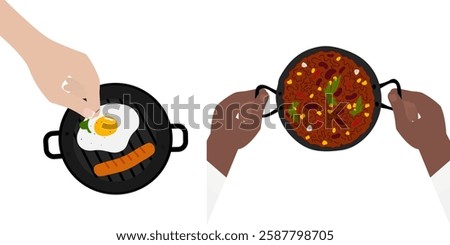 Male hands hold cast iron skillet with Chili con carne and Female hand greens decorate fry egg Set 2