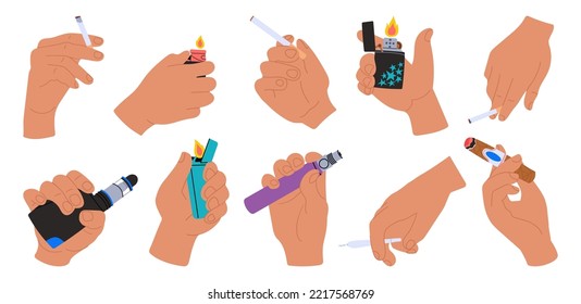 Male hands hold cigarettes and lighters, vapes. E-cigarettes, burning lighter with fire flame in human hand. Cigar, smoking people decent vector set