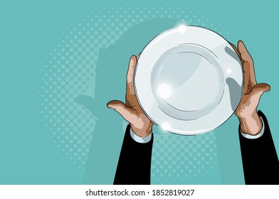 Male hands hold an empty ceramic dish top view