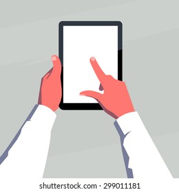 Male hands holding blank tablet vertically. Finger on the screen. Retro style illustration.
Layered vector file. You can place your own infornation on the screen.