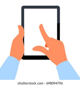 Male hands holding blank tablet vertically. Finger on the screen. Layered vector file. You can place your own information on the screen. Clipping mask used.