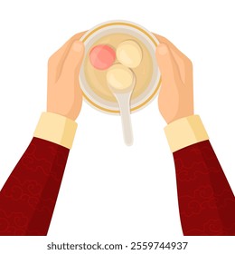 Male hands holding a bowl with Tangyuan rice balls, traditional Chinese food, isolated