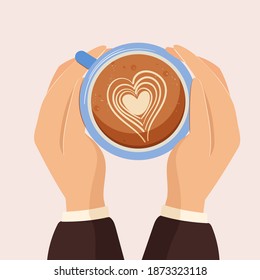 Male hands holding coffee cup with latte art during coffee break. Top view vector illustration