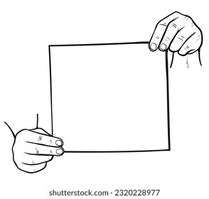 Manos masculinas sujetando una hoja vacía de papel afiche banner monocromo de la ilustración vectorial de la línea grabada en negro. Brazos humanos con presentación de publicidad fotograma copia espacio en blanco documento de anuncio de página