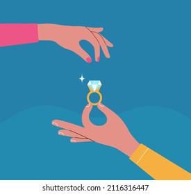 Male Hands Holding Engagement Ring. Woman's Hand Takes A Ring. Vector Flat Style Illustration