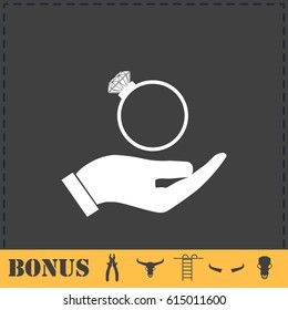 Male hands holding engagement ring icon flat. Simple vector symbol and bonus icon