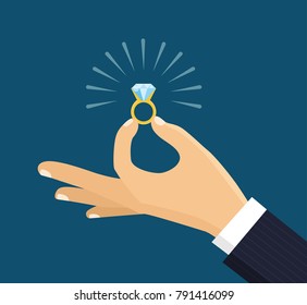 Male hands holding engagement ring. Vector flat style illustration