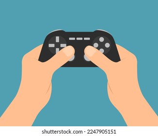 Male hands holding gamepad controller and playing video game - vector on green background