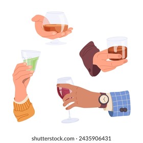 Male hands holding glass of cognac, brandy, tequila and red wine isolated on white background
