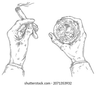 Male hands holding glass whiskey and burning cigar. Top view. Vintage vector black engraving illustration isolated on white background