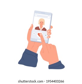 Male Hands Holding Mobile Phone And Liking Woman's Profile In Dating App. Smartphone Display With Application For Online Love Dates. Colored Flat Vector Illustration Isolated On White Background.