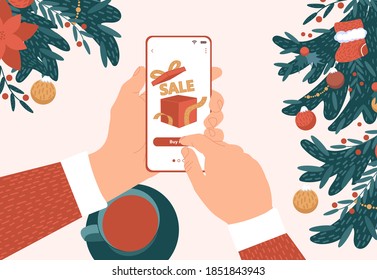 Male Hands Are Holding A Phone. A Man Is Shopping For Christmas And New Years Sales. Top View. Vector Illustration