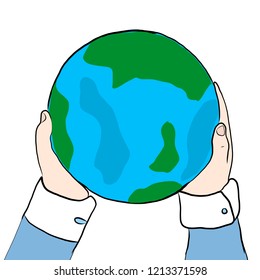 Male hands are holding the planet, vector illustration isolated white background, clipart.