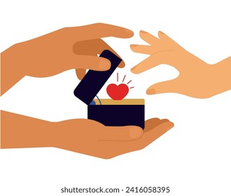 Male hands holding a stunning an opened jewelry box with heart shaped ring. Present to a woman. Female hand take the ring. Romantic proposal, love gift.