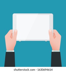 Male Hands holding tablet computer with blank screen. Vector flat design concept