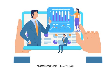 Male Hands Holding Tablet with Hansome Influencer Businessman in Suit Pointing on Graphs, Pie Charts. People E-Learning by Webinar Training. Online Education at Video. Cartoon Flat Vector Illustration