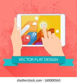 Male hands holding tablet. Vector flat design.