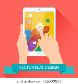 Male hands holding tablet. Vector flat design.
