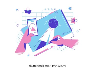 Male hands holding and using mobile phone for drawing blueprints. Concept man employee character creates design using pencil and modern device. Vector illustration.