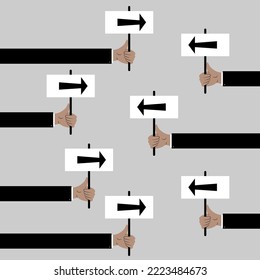 Male hands holds  signs with arrows. Trend symbols. Direction pointer, vector. Concept of crosscurrent, opposition or confrontation. Vector illustration. 