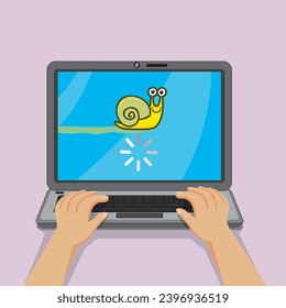 Male hands on computer keyboard loading something with problem snail loading on screen. illustration vector cartoon.
